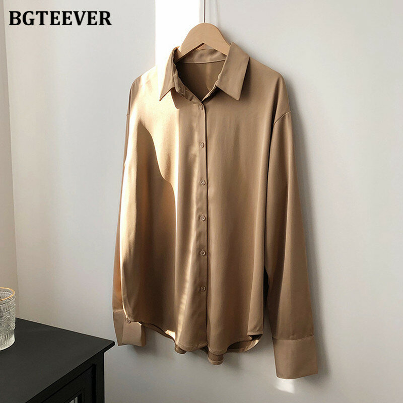 BBTEEVER-قميص ساتان نسائي بأكمام طويلة ، قميص أنيق مع ياقة مطوية ، ملابس عمل ، مكتب ، 2020