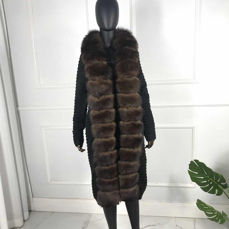 شتاء طويل سترة الكشمير المعنقة المرأة موضة الثعلب الفراء طوق المعطف 2021 جديد Cardigan البيع سترة