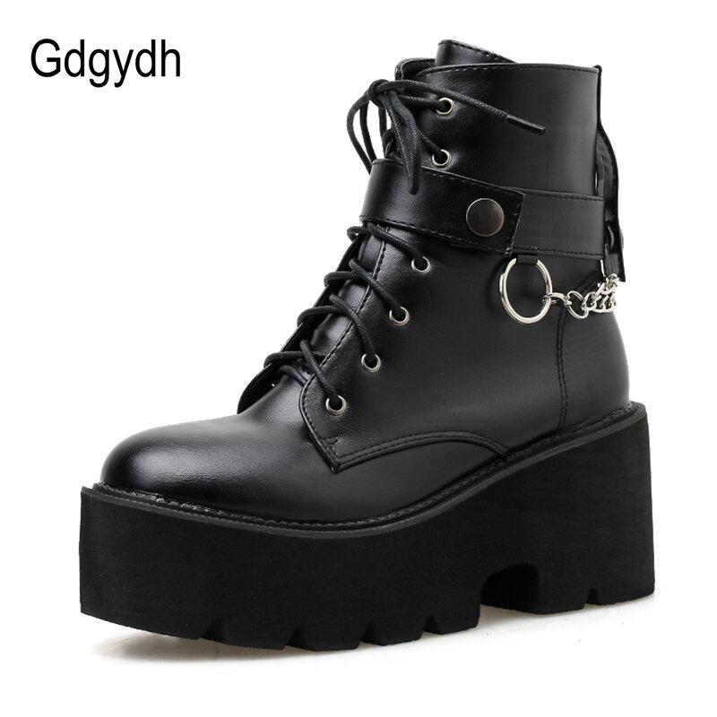 Gdgydh جديد مثير سلسلة النساء أحذية جلدية الخريف كتلة كعب القوطية الأسود الشرير نمط أحذية منصة الأحذية الإناث عالية الجودة