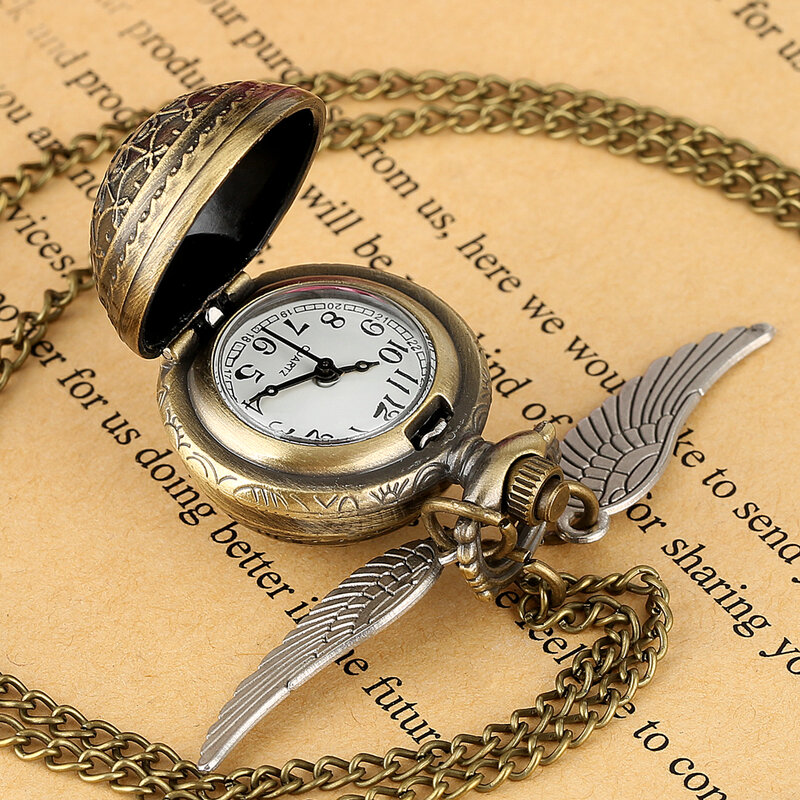 البرونزية ساعة جيب كوارتز ريشة الجناح قلادة الساعات الفاخرة خمر فوب ساعة سلسلة قلادة هدية للرجال النساء دروبشيبينغ