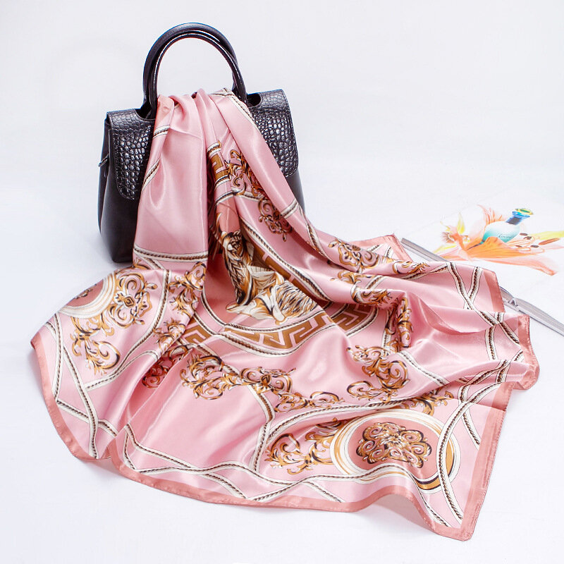 وشاح من الحرير المطبوع المقلد للنساء ، شال من الساتان الوردي ، مربع كبير ، الربيع والصيف ، 90x90cm