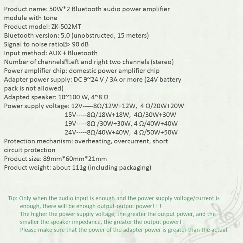 ZK-502MT بلوتوث 5.0 جهاز تضخيم الصوت مجلس 2.0 قناة عالية الطاقة الصوت مكبر صوت استيريو مجلس 2X50W باس أمبير