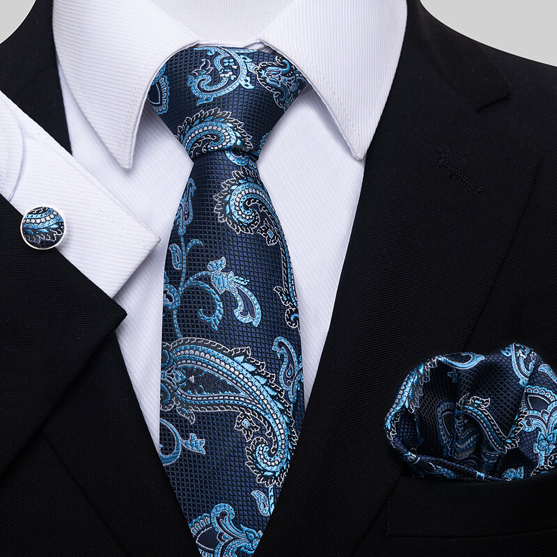 Hot البيع أعلى درجة الحاضر التعادل المنديل مجموعة أزرار الأكمام الزفاف ربطة العنق الملابس الرسمية hombre مطبوعة الضوء الأزرق التذكاري يوم