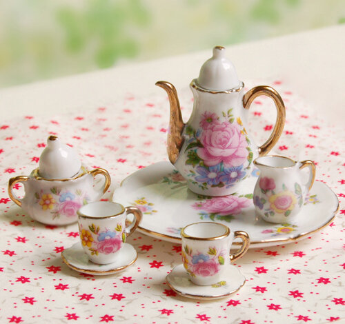 8 قطعة نمط زهرة السحر طبق طبق فنجان شاي مجموعة ل 1/6 مقياس دمية منزل مصغرة وعاء الخزف السيراميك زهرة طباعة