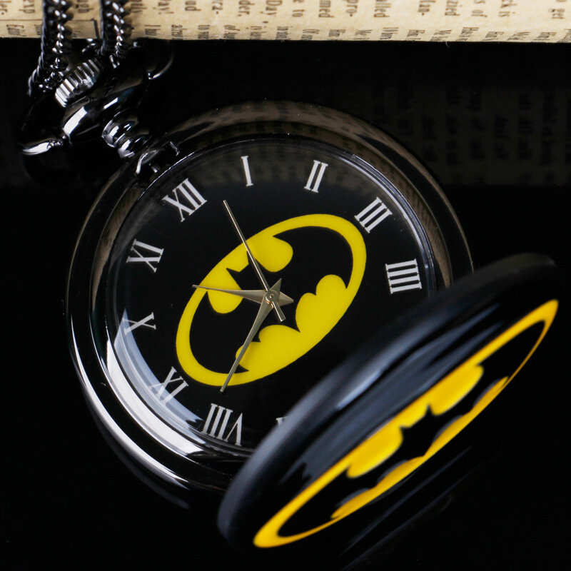 أسود كوارتز ساعة الجيب قلادة الأرقام الرومانية الأسود الهاتفي الاتجاه موضة ساعة الخفافيش قلادة سلسلة فوب reloj hombre