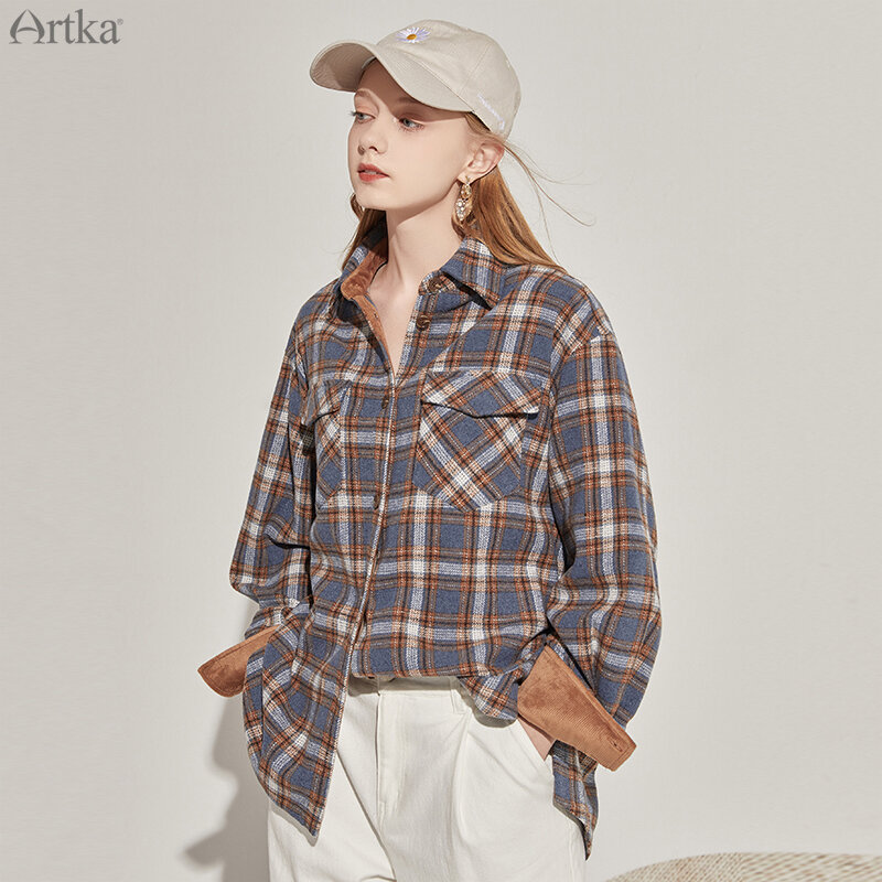ARTKA-بلوزة نسائية منقوشة عتيقة ، قميص صوف سميك ودافئ ، ملابس خارجية سروال قصير ، مجموعة خريف 2020 الجديدة ، SA20100Q