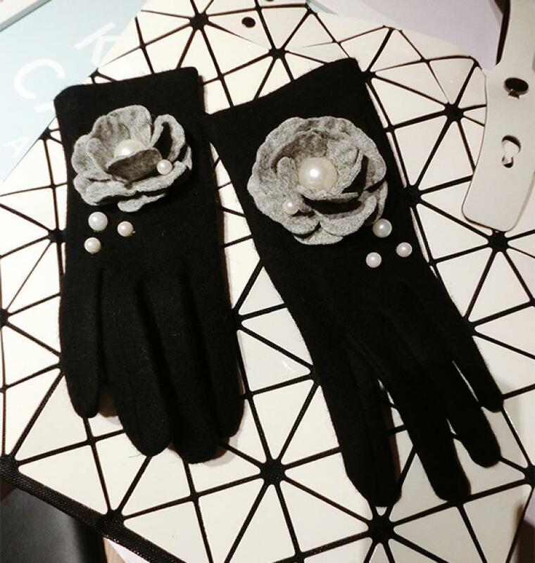 الكشمير قفازات رمادي الصوف كاميليا ثلاثة اللؤلؤ الكشمير قفازات الاصبع النساء الكورية الشتاء موضة قفازات دافئة