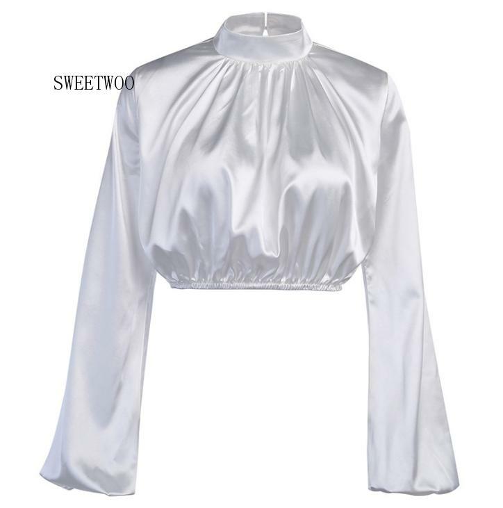 بلوزة ساتان أنيقة بياقة عالية ، قميص نسائي ، أكمام طويلة منتفخة ، خصر مرن ، ناعم ، قصير ، 2020