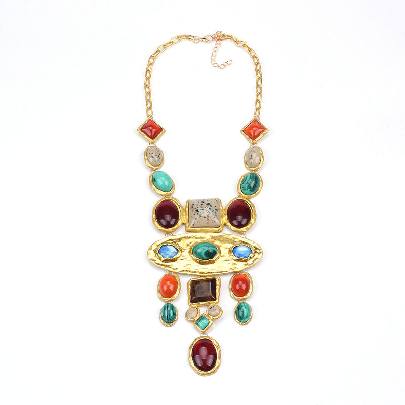 البوهيمي Vintage بيان قلادة للنساء الباروك نمط اللون كريستال هندسية الأحجار الكريمة طويلة سترة سلسلة قلادة مجوهرات