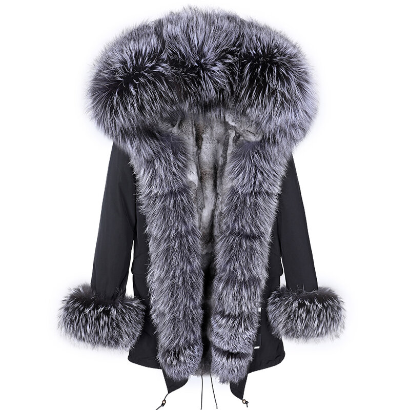 Maomaokong جديد الشتاء المرأة الفراء الطبيعي ريال الأرنب الفراء بطانة الفضة الثعلب الفراء طوق دافئ سترة معطف أسود طويل معطف
