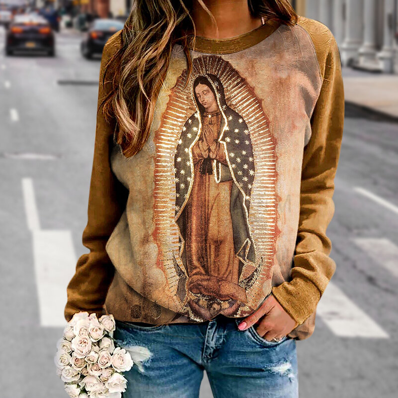 المرأة طويلة الأكمام البلوز ، مريم العذراء طباعة ، الجلد ودية ، قمة خمر لفتاة القديس ، الأصلي من سيدة لدينا ، Guadalupe ، والأزياء