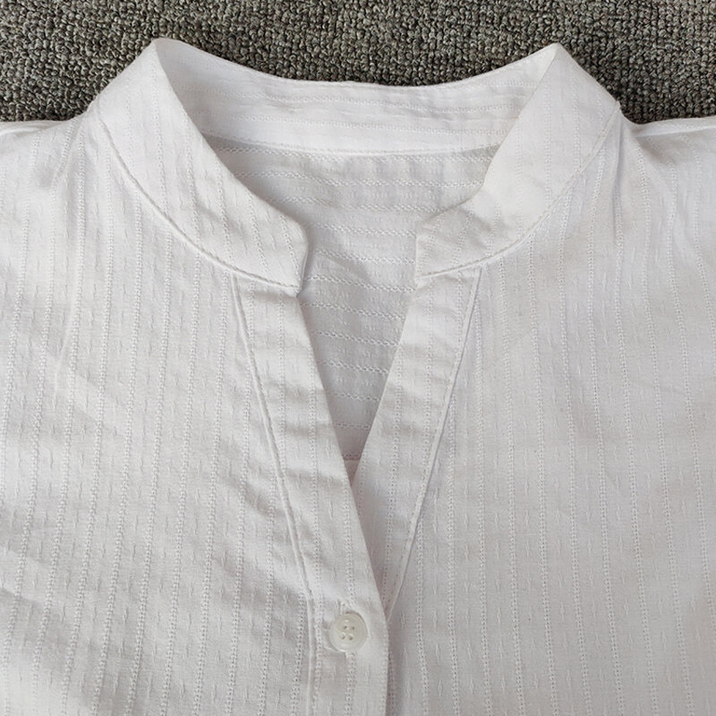InstaHot نصف كم أنيقة قميص الأبيض الوردي زر خمر بلوزة الوقوف طوق السيدات القطن قميص الإناث عارضة S-3XL