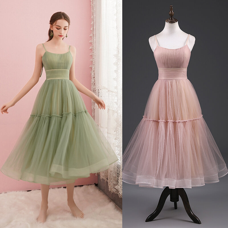 1293 # REAL PHOTO فستان الحفلات الأخضر فستان وصيفة العروس للنساء حجم كبير سعر المصنع رخيصة تول فستان بسيط