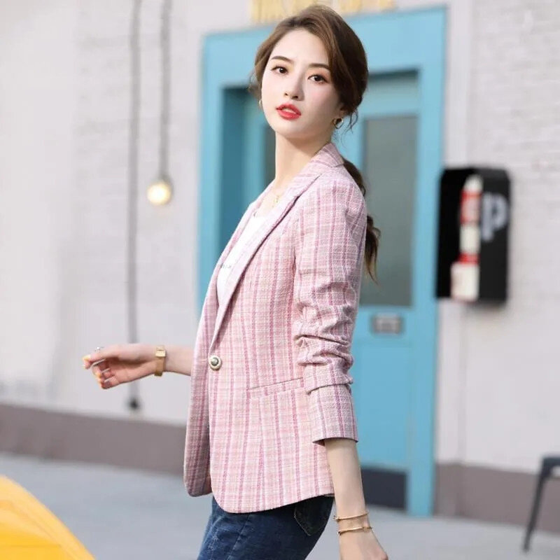 منقوشة قصيرة السترة سترة المرأة قصيرة ضئيلة معطف 2021 ربيع الخريف جديد الكورية نمط بدلة صغيرة المرأة السترة سترة المشمش 32