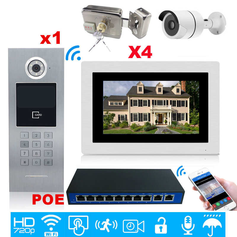 واي فاي IP فيديو باب الهاتف فيديو إنترفون تطبيق جوال 4 شقق المنزل نظام التحكم في الوصول + كاميرا IP + أقفال إلكترونية + POE التبديل