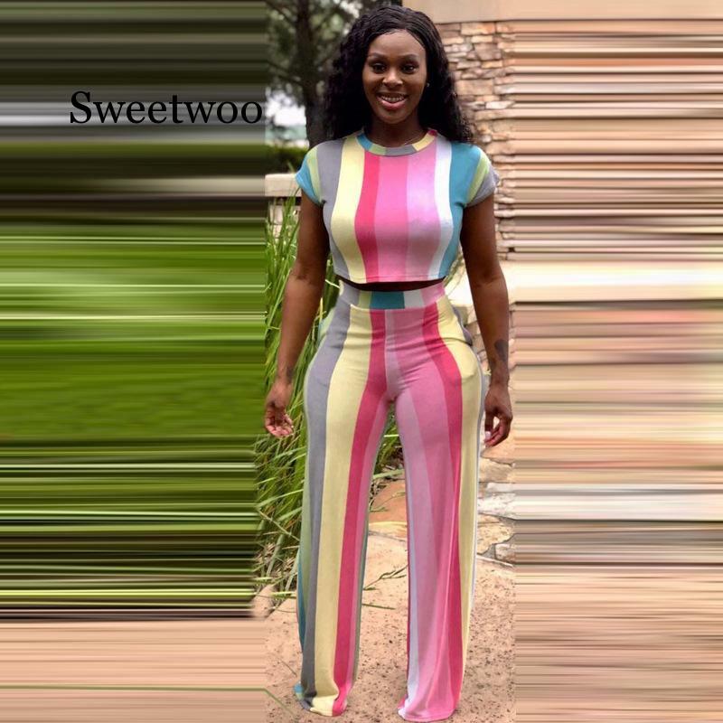 Rainbow Striped Sexy 2 Two Piece Set Women Tracksuit O Neck Short Sleeve Crop Top And  Wide Leg Pant Plus Size Outfits Sweatsuit