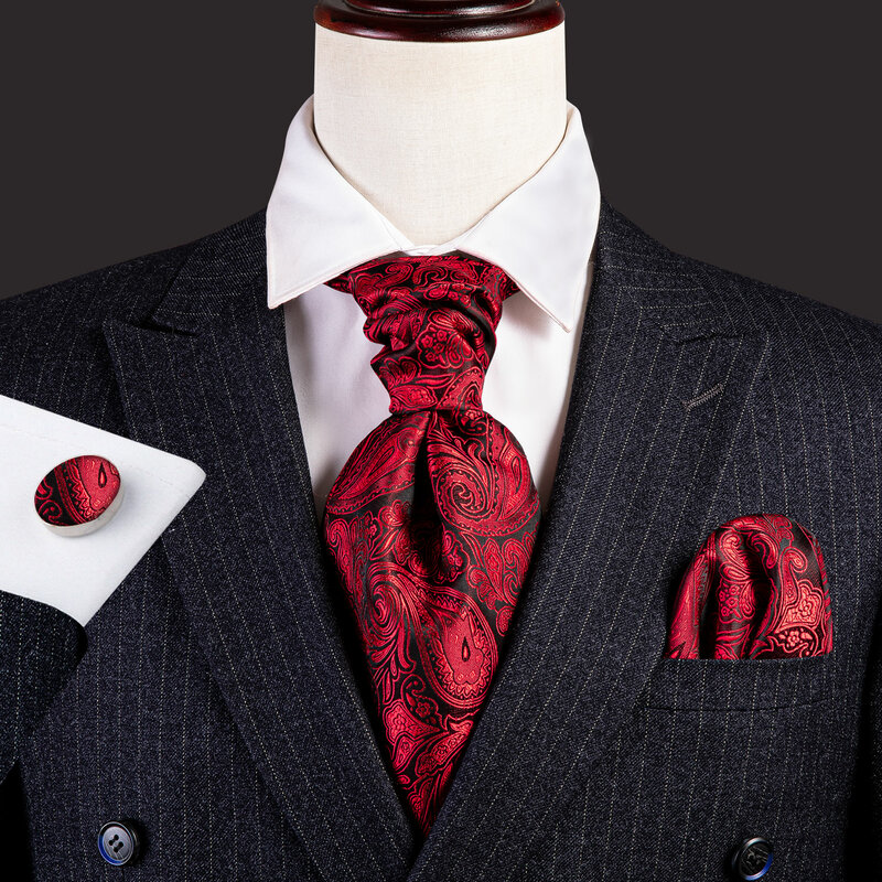 ربطة عنق حريرية للرجال أسكوت ، مجموعة جاكار ، ملابس برقبة أحمر النبيذ ، أزرار أكمام أنيقة مربعة ، باري وانغ ، AS-001