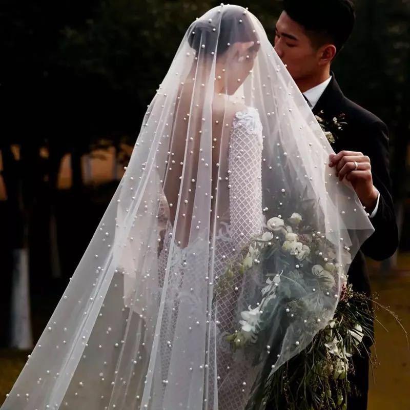 يمكن أن تغطي الوجه اللؤلؤ الحجاب طبقة واحدة حجاب الزفاف كاتدرائية 3 متر الأبيض العاجي طرحة زفاف اللؤلؤ العروس اكسسوارات الزفاف