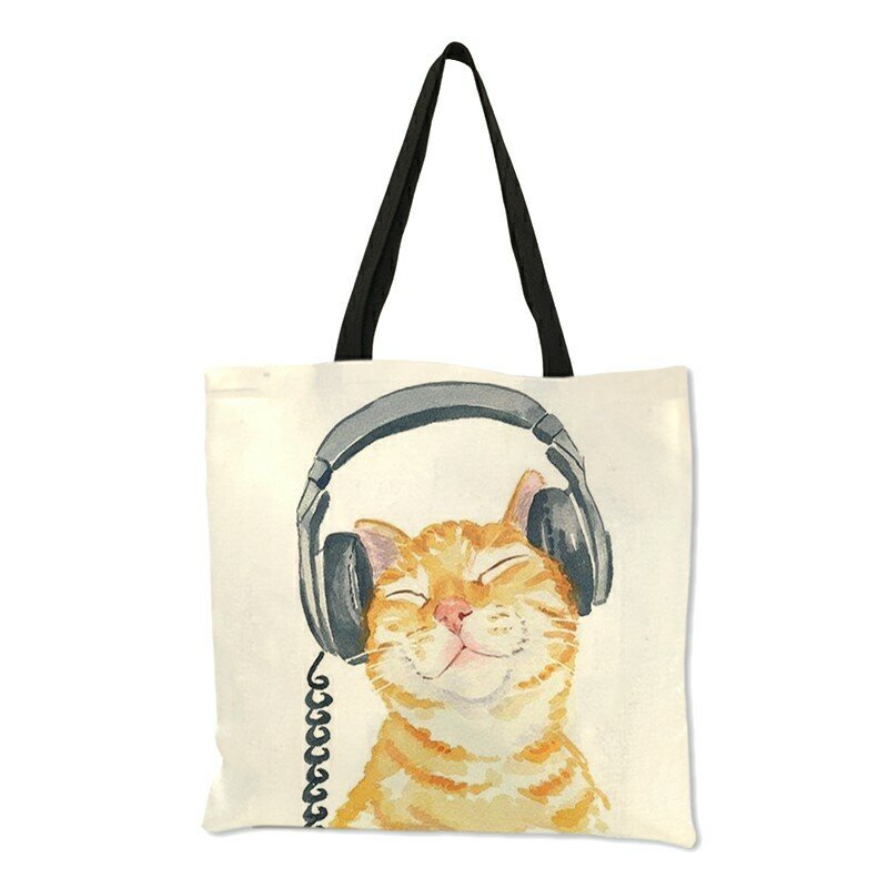 حقيبة يد من الكتان البيئي قابلة لإعادة الاستخدام للبنات ، حقيبة كتف لطيفة مع طباعة قطة مانمثل الماء ، للتسوق والسفر ، غير رسمية