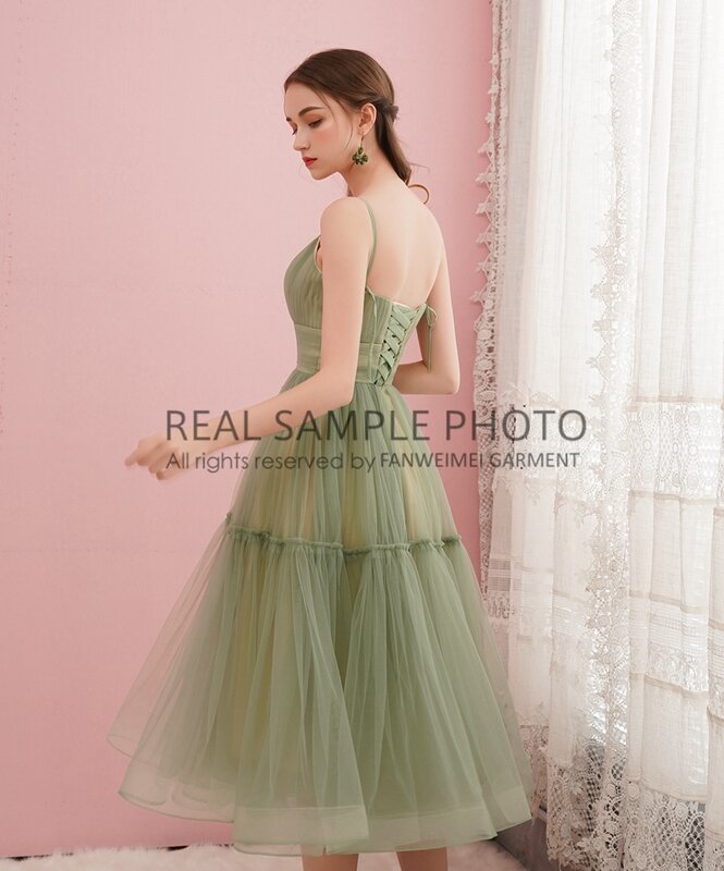1293 # REAL PHOTO فستان الحفلات الأخضر فستان وصيفة العروس للنساء حجم كبير سعر المصنع رخيصة تول فستان بسيط