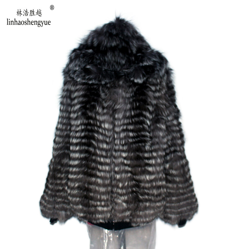 معطف فرو ثعلب حقيقي من Linhaoshengyue, معطف بأكمام طويلة وغطاء للرأس