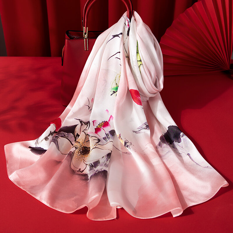 النساء الفاخرة النمط الصيني الحرير الحقيقي الأوشحة الحرير الخالص يلتف شالات منديل سيدة وشاح للرقبة 170*53 سنتيمتر الحرير طويل Foulard