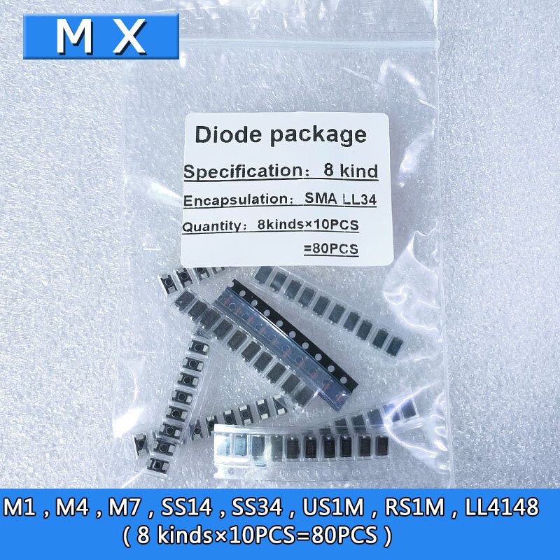 8 tipos * 10 Uds = 80 Uds./lote SMD paquets de diodos/M1 (1N4001) / M4 (1N4004) / M7 (1N4007)/ SS14 US1M RS1M SS34 LL4148 عدة