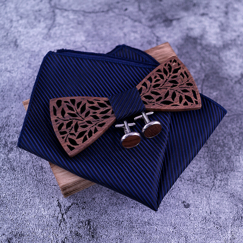 بيزلي رابطة خشبية منديل مجموعة الرجال الأزرق الداكن ربطة الخشب جوفاء منحوتة تصميم الأزهار و صندوق الموضة الجدة العلاقات