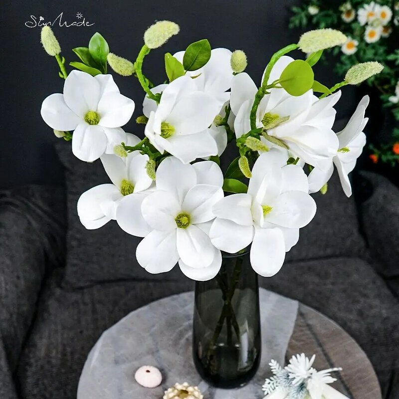 SunMade فاخر كبير ماغنوليا فرع الزهور البيضاء الزفاف الديكور المنزل ديكور فلوريس مصطنع خريف السنة الجديدة