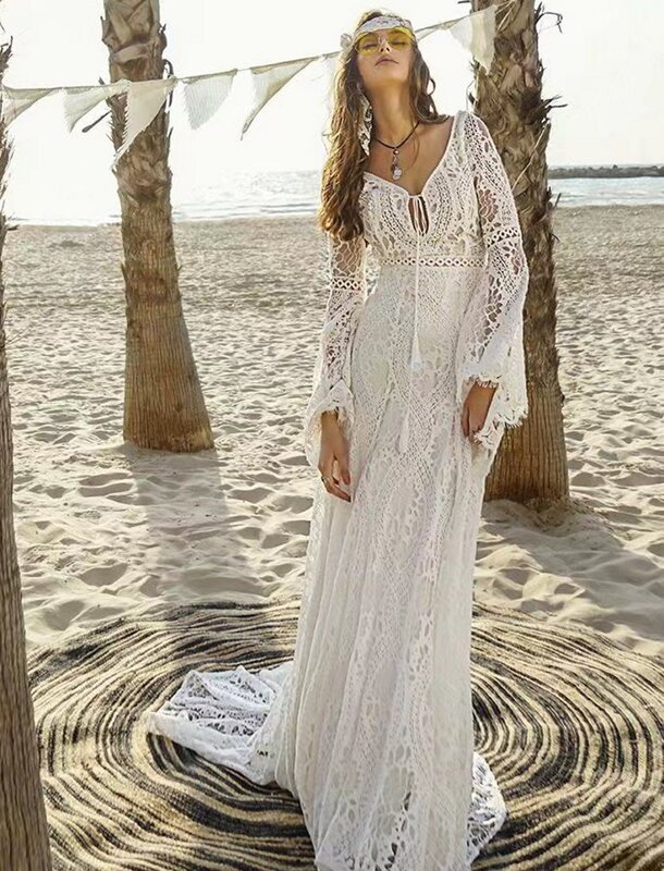 فستان زفاف دانتيل على الطراز البوهيمي ، أكمام واسعة ، مثير ، رسن ، رقبة على شكل v ، ذيل ، مجموعة جديدة 2021