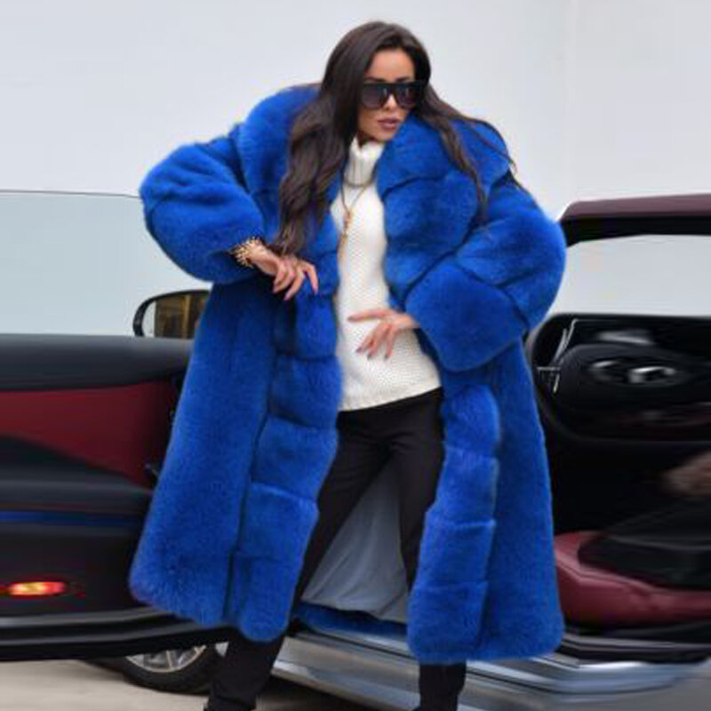 موضة النساء الملكي الأزرق الطبيعي الفراء معطف الشتاء الدافئة كامل بيلت الأزرق الثعلب الفراء معاطف حقيقية مع كبير التلبيب طوق الفراء سترة طويلة