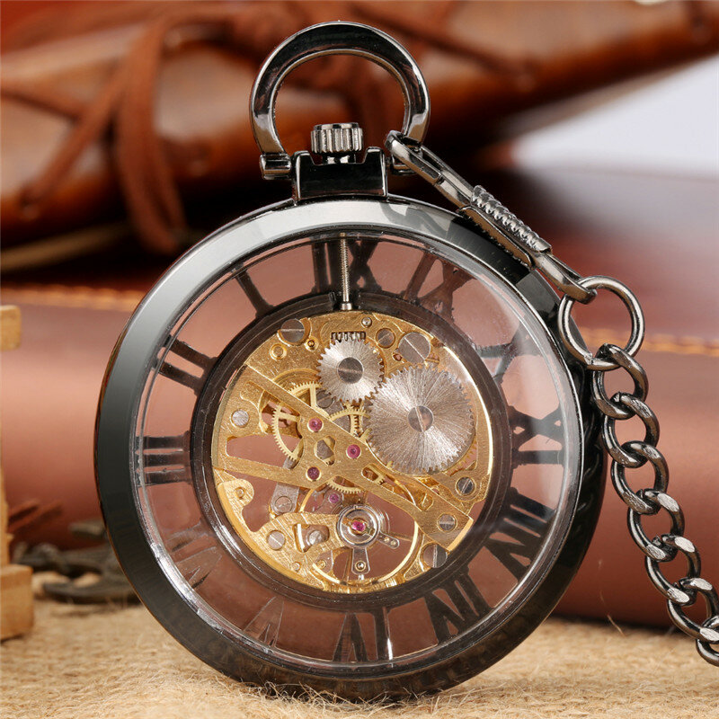 الفاخرة اليد لف الميكانيكية الأرقام الرومانية Steampunk ساعة الجيب فتح الوجه الأسود سلسلة شفافة الرجال النساء كول هدية