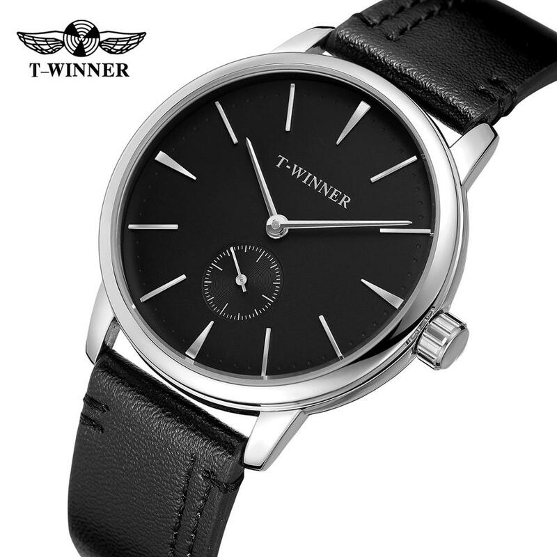 T-WINNER موضة بسيطة ساعة رجالي عادية الأسود الهاتفي الفضة الأسود حزام من الجلد التلقائي ساعة ميكانيكية