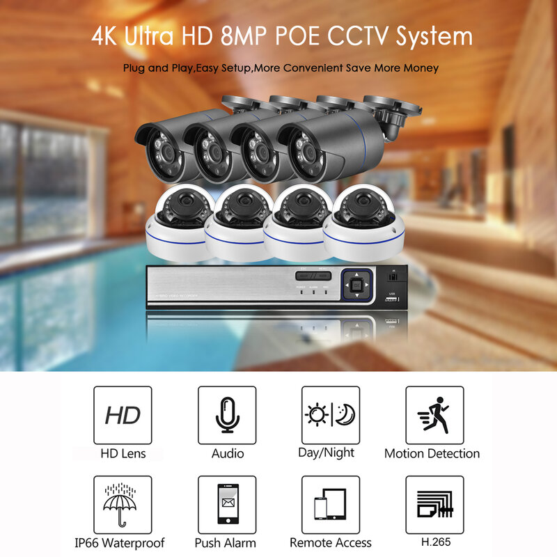 AZISHN 4K الترا HD 8MP الأمن نظام الكاميرا h.265 POE طقم NVR الدوائر التلفزيونية المغلقة في الهواء الطلق المعادن الأبيض قبة المراقبة بالفيديو IP كاميرا مجموعة