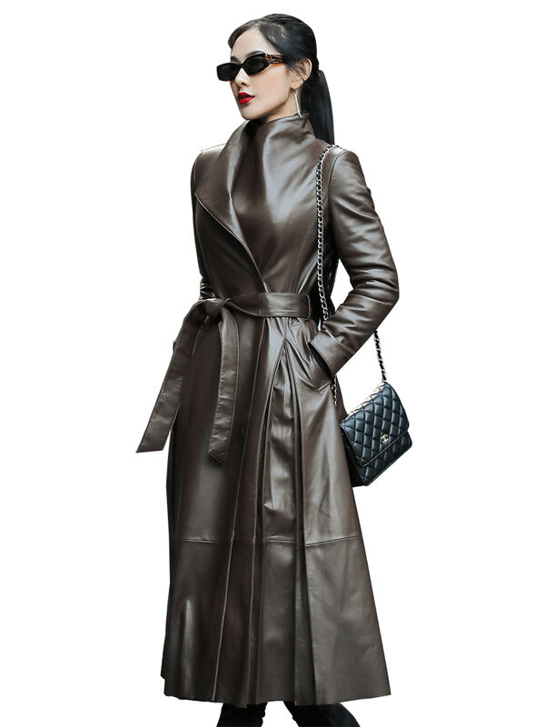 معطف خريفي طويل بني أسود ناعم من nerazurri مصنوع من الجلد الصناعي للنساء بحزام منفوش أنيق وفاخر 5xl 6xl 7xl 2022