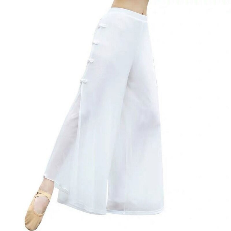 النمط الصيني أداء السراويل أبيض أسود الكلاسيكية الرقص ممارسة الملابس Kawaii لطيف بنطلون واسعة الساق مرونة الخصر الإناث
