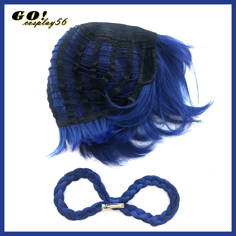 شعر مستعار قصير أزرق من Xiangling ، ضفائر على شكل 8 ، شعر مقاوم للحرارة ، لعب الأدوار في عيد هالوين ، تأثيري ، تيار متردد