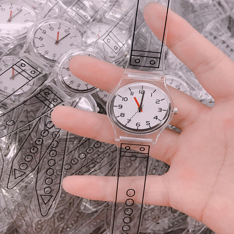 Uالتايلاندية CE59 موضة عادية للرجال والنساء طالب الأطفال ساعة بسيطة مقياس رقمي شفاف حزام ساعة كوارتز