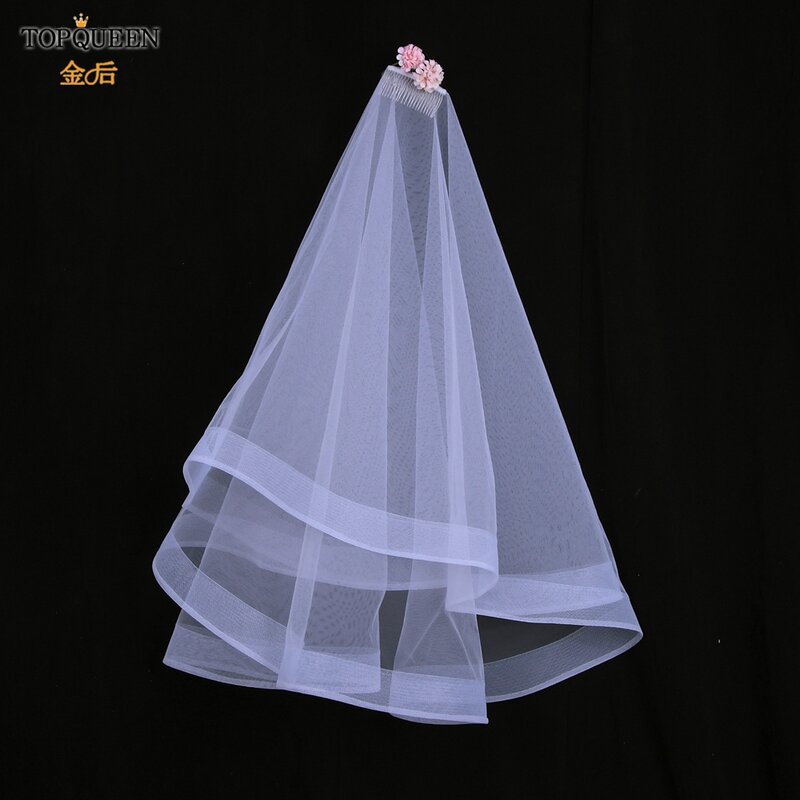 TOPQUEEN V69 طرحة زفاف الحجاب الإصبع اثنين من الطبقة الحد الأدنى الحجاب العروس مع حجاب الزفاف أحمر الخدود مع مشط فستان الحجاب للعروس