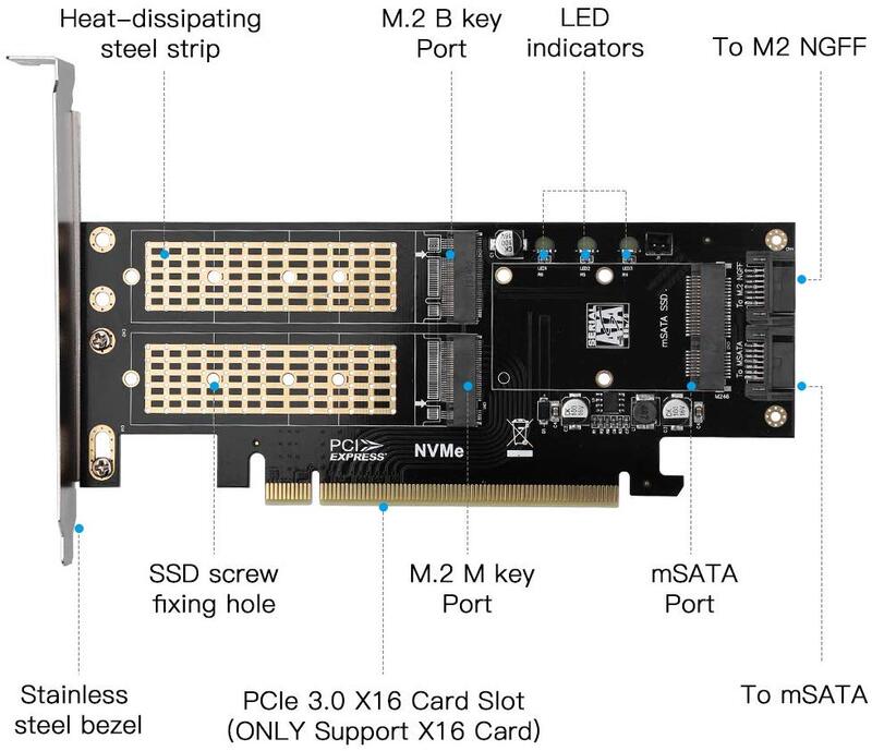 Onvian بطاقة محول 3 في 1 NGFF و MSATA SSD M.2 NVME إلى PCIe 16X/M.2 SATA SSD إلى SATA III/MSATA إلى محول SATA + كابل SATA 2