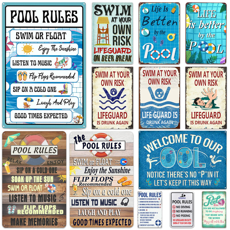 قواعد حمام السباحة على الشاطئ ملصقات معدنية حائطية علامات صفيح لا تسبح لا تسبح لا تحذر من الجري نص عام لحمام السباحة على الشاطئ علامات حائطية لوحة رث ملصق