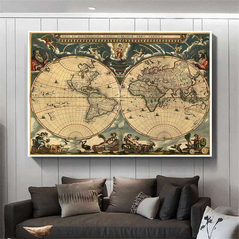 ملصق حائط غير منسوج عتيق مع خريطة العالم ، ملصق حائط ، بطاقة ، ملصقات ومطبوعات مزخرفة ، ديكور منزلي ، 225 × 150 سم
