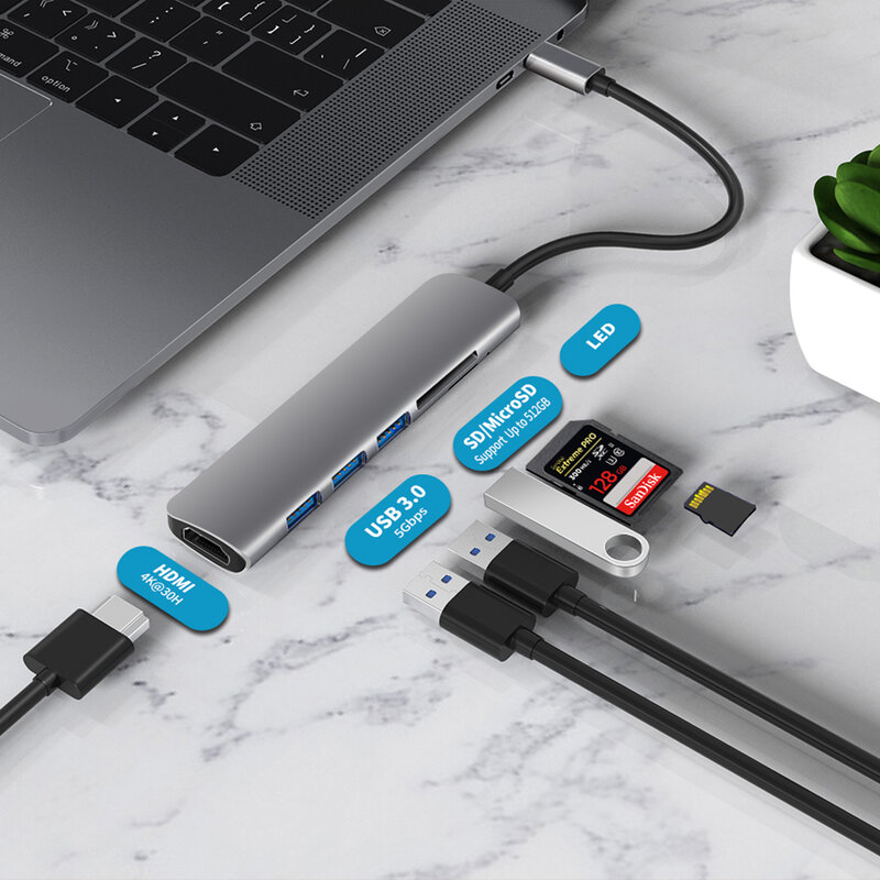 USB 3.1 نوع-C Hub إلى HDMI محول 4K Thunderbolt 3 USB C Hub مع Hub 3.0 TF SD قارئ فتحة PD ل MacBook Pro/Air/Huawei Mate