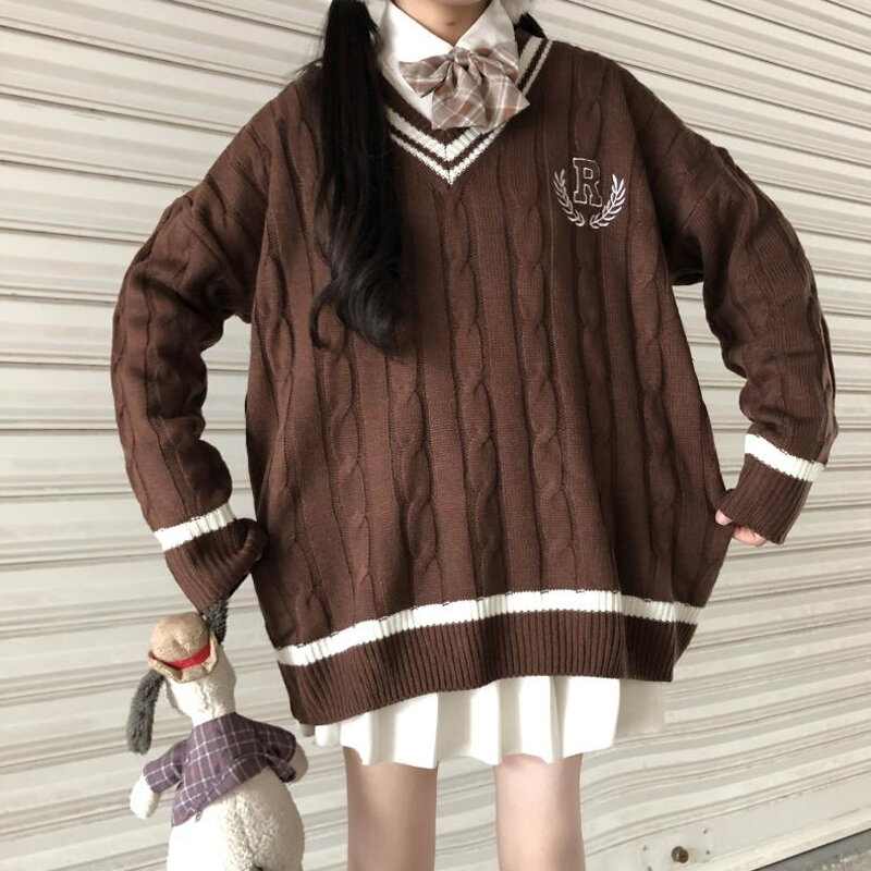 جديد 2020 اليابانية ارتداء البلوز Jk سترة فضفاضة الخامس الرقبة العادية طويلة الأكمام طالب الجوف خارج الحياكة فضفاضة المرأة البلوز