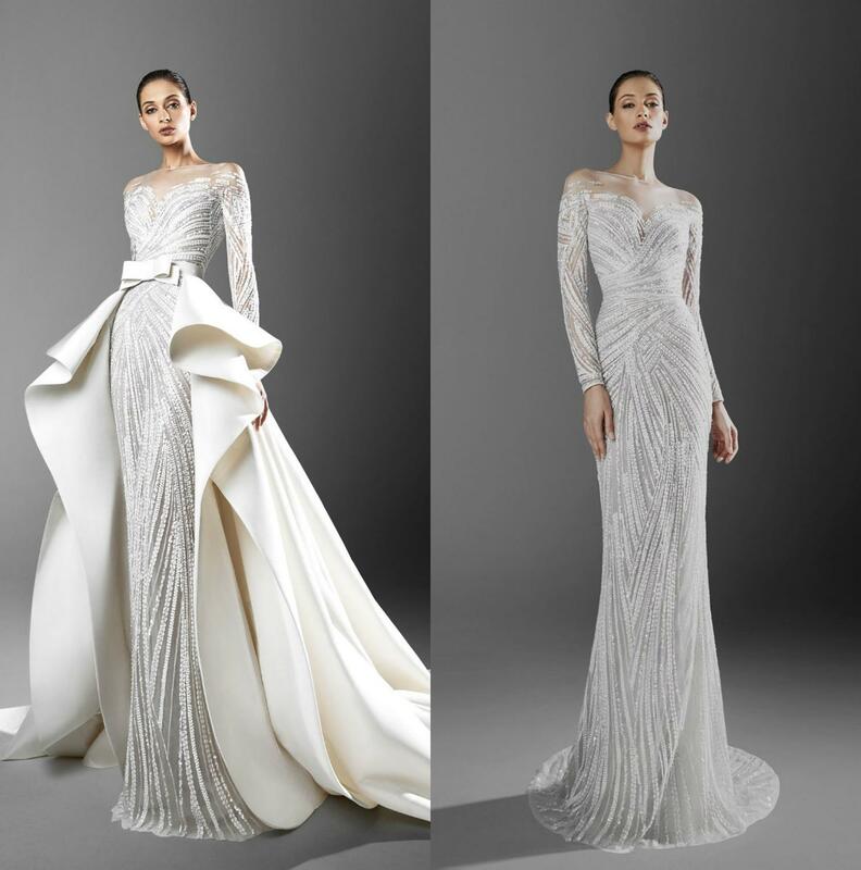 فستان زفاف بتصميم حورية البحر مع ذيل قابل للفصل ، وأكمام طويلة ، وتزيين ، مقاس كبير ، مجموعة 2021