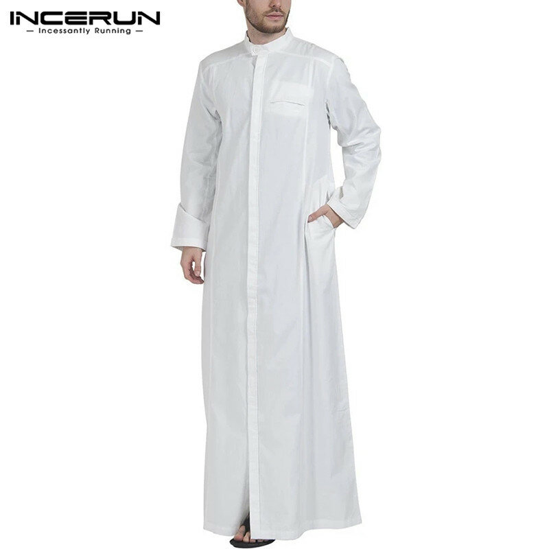 INCERUN-فستان جبة للرجال ، ملابس إسلامية ، لون سادة ، ثوب ، أكمام طويلة ، ياقة واقفة ، قفطان عربي إسلامي ، دبي ، الشرق الأوسط