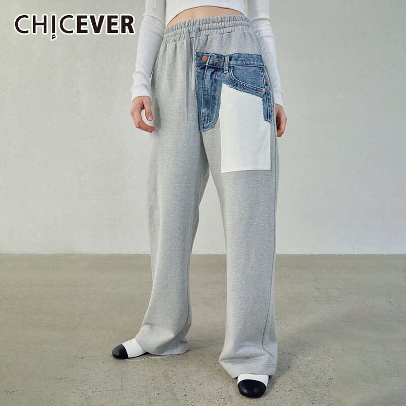 CHICEVER Casual ضرب اللون بنطال ذو قصة أرجل واسعة للنساء عالية الخصر المرقعة جيب مستقيم فضفاض بنطلون أنثى ربيع 2022