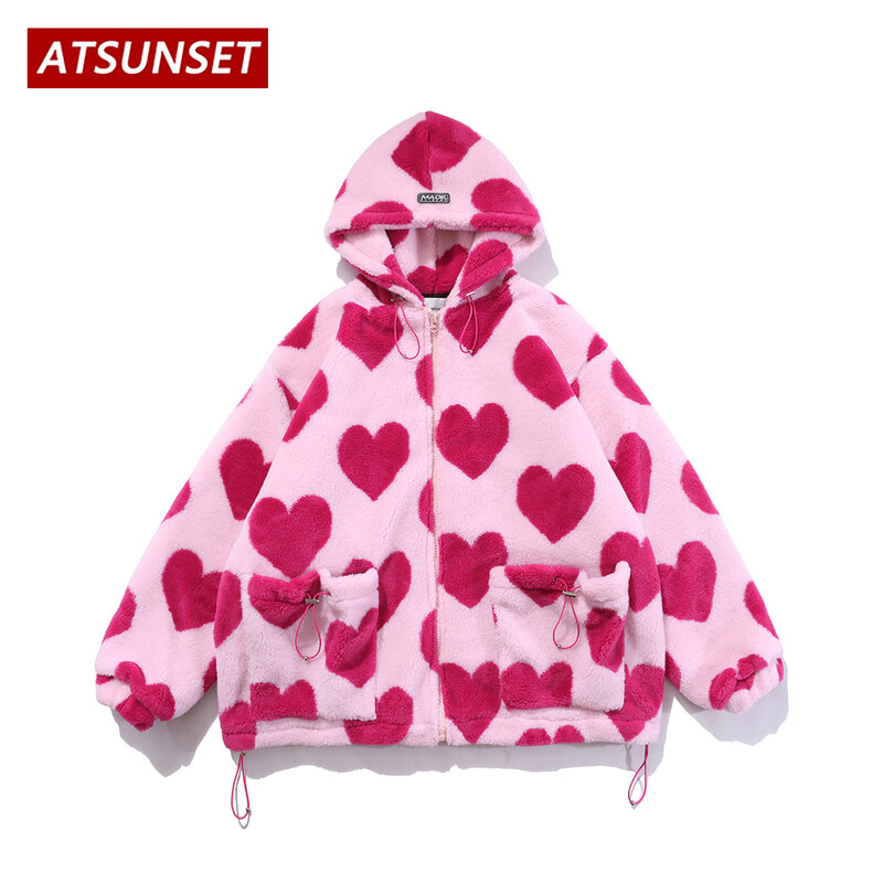 ATSUNSET لطيف على شكل قلب طباعة امبسوول معطف القطن مقنعين سميكة الدافئة Harajuku الشتاء سترة عالية الشارع زوجين الشارع الشهير