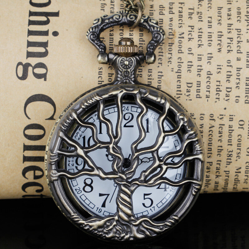 خمر للجنسين البرونزية الجوف شجرة تصميم كوارتز ساعة الجيب مع فوب سلسلة المرأة ساعة قلادة قلادة سلسلة الرجال هدية CF1088