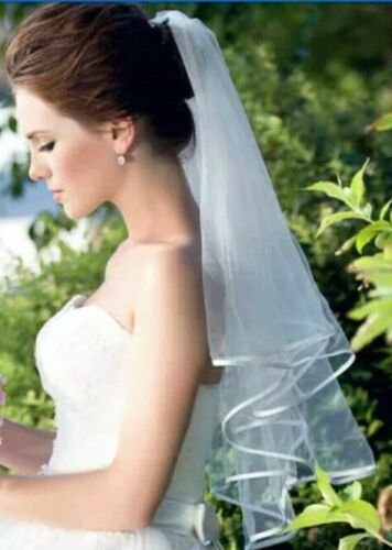حجاب العروس مصنوع يدويًا مع مشط ، حجاب زفاف أبيض ، طول الكوع ، مستويين